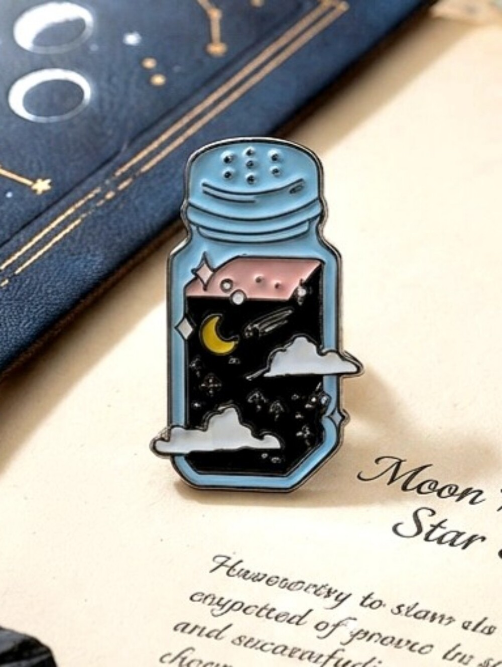 Whimsial Cosmic Space Salt Shaker Enamel Pin, Galaxy Crescent Moon Clouds Design